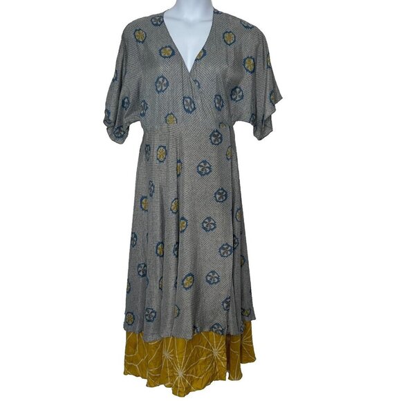 Territory Ahead Wrap Maxi Dress Womens 16 Geometric 100% Silk Gray Blue Yellow - Picture 1 of 9